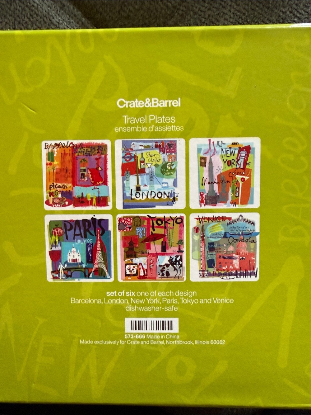Crate&Barrel Travel Plates - Multicolor City Art on Lime Green Box